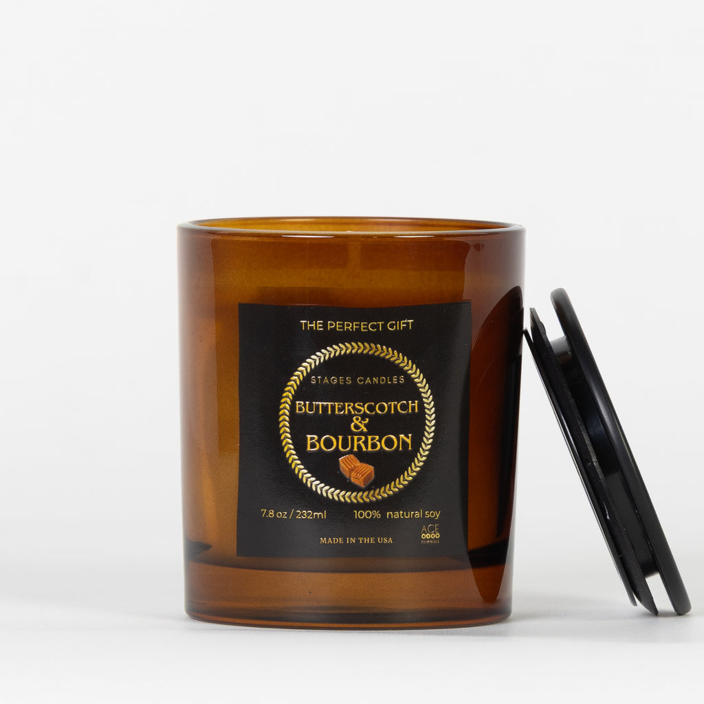 Brown candle jar with 'Butterscotch & Bourbon