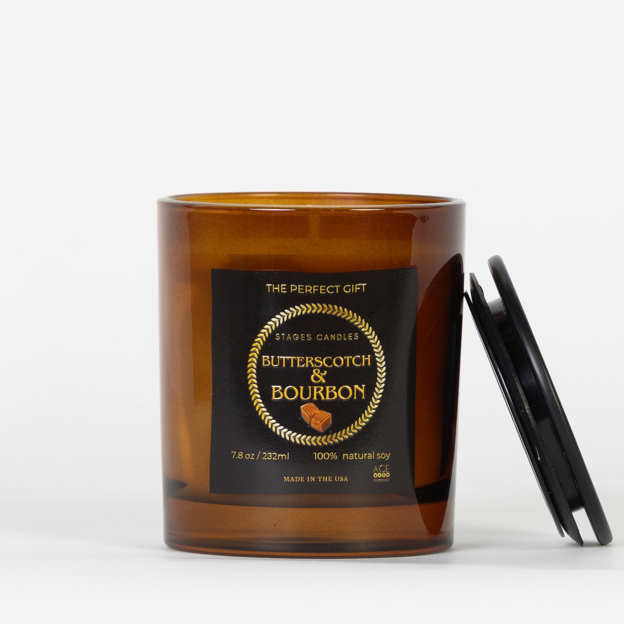 Brown candle jar with 'Butterscotch & Bourbon