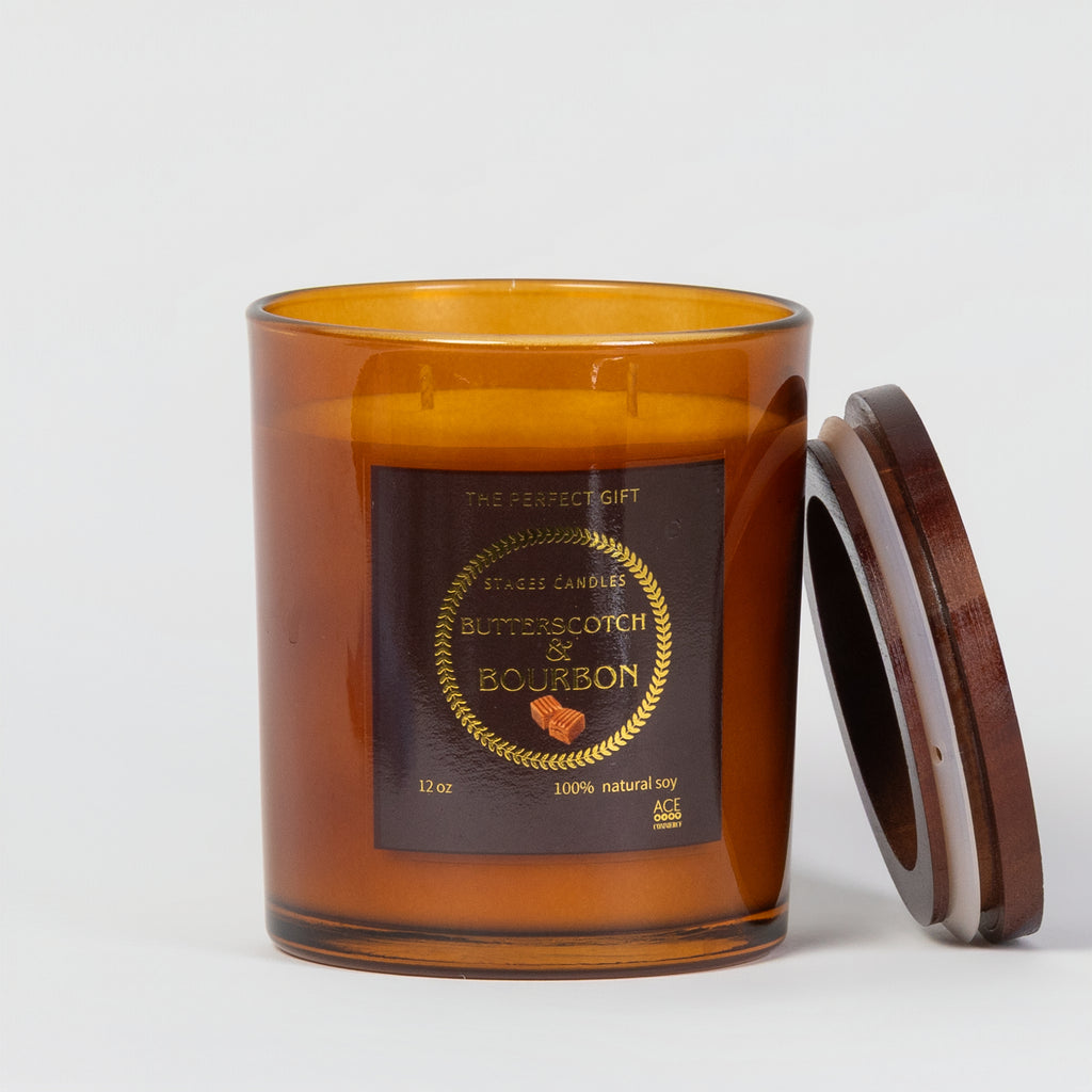 Butterscotch & Bourbon candle with a wooden lid