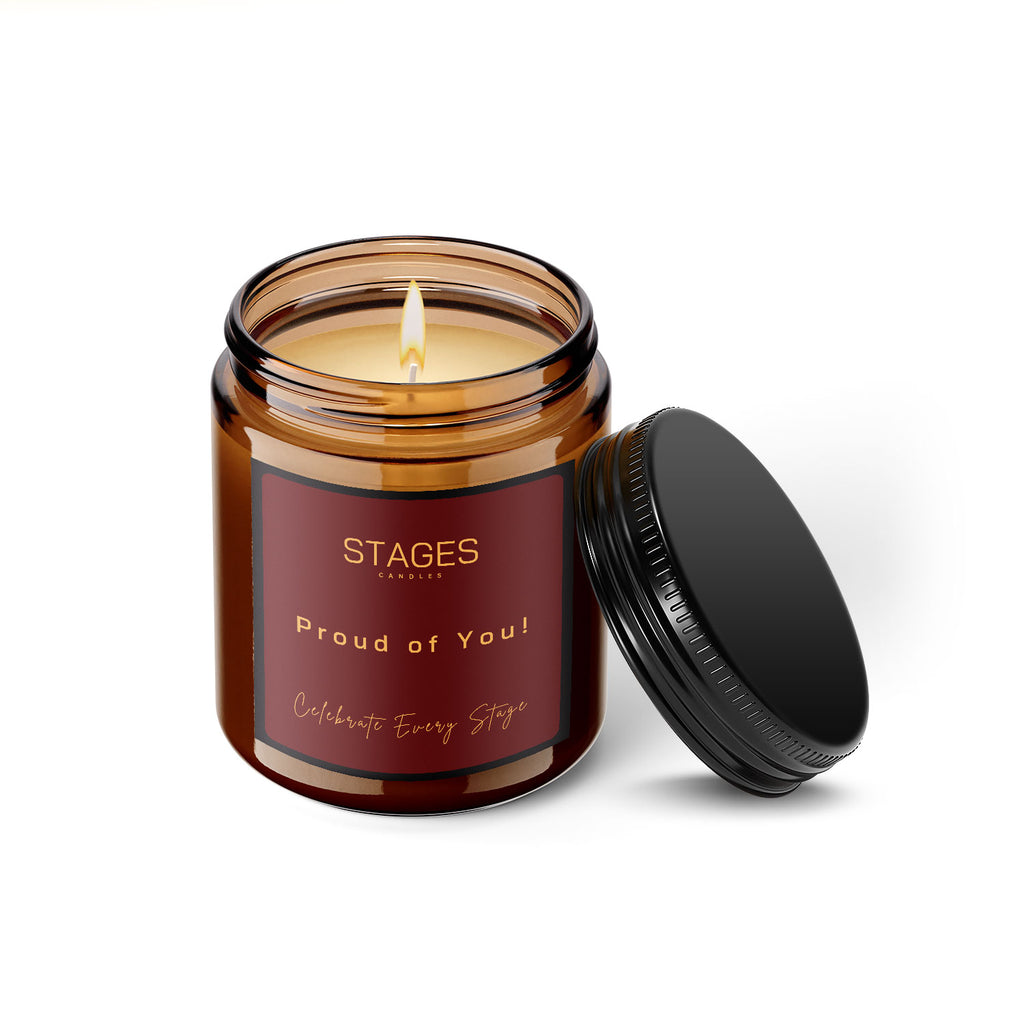 Scented candle in an amber jar with a red label and Proud of You text as a gift.