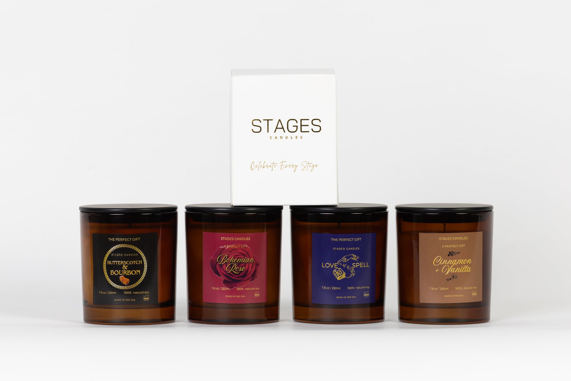 Four candles with labels and a box labeled 'STAGES'